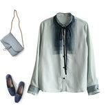 2025 Loose literary shirt casual fashion versatile mesh stitching lace-up short temperament long-sleeved cardigan  summer