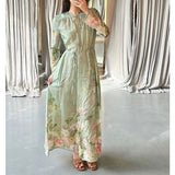 Elegant temperament, fresh waist, loose V-neck, positioning flower printing, long-sleeved pendulum dress