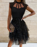 HULIANFU popular New new black fashion temperament scarf collar mid-waist short skirt perspective mesh dress