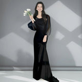 2025 White light wedding dress Korean temperament simple long-sleeved satin dress bride wedding engagement super fairy welcome door dress