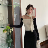 2025 popular autumn new pure desire one-word shoulder rose scarf long-sleeved knitted sweater women's top 23198