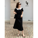 2025 THE MIND contrasting color lapel dress summer 2025 new Korean light luxury A-shaped dress women T5019X