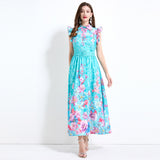 Popular trade women's clothing summer seaside vacation wind flying sleeves flower fairy print waist ruffle edge dress