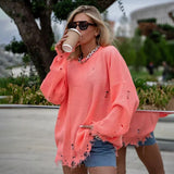 2025popular Popular, ,  New new knitted round neck loose hole medium and long sleeve sweater knitted sweater