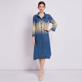 Miyake retro imitation denim print pleated dress new long sleeve popular spring and summer new fashion casual dress