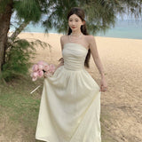 2025 Pure desire temperament tube top pleated high waist dress 2025 spring and summer Korean daughter wind salt seaside vacation skirt