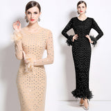 light luxury temperament Royal sister heavy industry hot diamond slim mesh dress women's feather splicing waist long dress