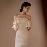 2025 light wedding dress  new bride retro shoulder white satin fishtail dress manufacturer wholesale supply