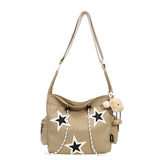 HULIANFU 2025 Women's bag new large-capacity canvas casual messenger five-pointed star contrasting color drawstring Korean version shoulder bag student satchel