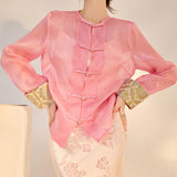 new new Chinese high-end embroidered mulberry silk shirt buckle retro thin fashion top women's M6029