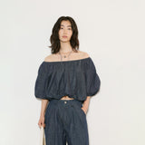 One-word shoulder short-sleeved bubble-sleeved short top, retro casual dark blue floor-mopping trousers B0138 casual suit