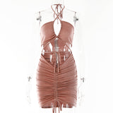 2025 Popular,  ins summer new bright silk dress sexy spice girl halter neck wrinkle strap short skirt