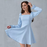 2025 Sky blue square neck lantern sleeve high waist A pendulum dress popularwildberries spring hot new short skirt