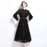 Court style dress women's clothing  new  heavy industry lace splicing stand-up collar single-breasted waist dress skirt