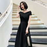2025 Black shoulder evening dress light luxury high sense banquet satin host art test dress temperament celebrity dress
