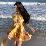 2025 Sexy deep V backless yellow floral suspender skirt summer seaside vacation dress travel wear beach skirt