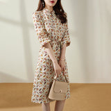 2025 Linen floral dress temperament commuter women's clothing  summer new  short-sleeved medium and long shirt skirt