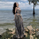 2025 Holiday super fairy beach skirt two-piece set tie-dye tube top women's high-waisted pendulum a-word skirt long skirt set