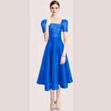 Hepburn style temperament solid color pleated waist slim fit big hem solid color square neck dress dress summer
