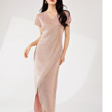 2025 Hot trade women's clothing  dress high sense v-neck short sleeves loose irregular fashion temperament medium and long dress Popular style