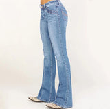 2025 2025 women's clothing denim low-rise bone-breaking horn trousers