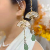 Chinese fan-shaped fringed earrings women's new Chinese style antique high-end folding fan earrings temperament elegant fan earrings