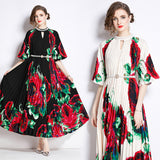 Popularan large-size women's clothing high-end printing heavy industry beaded pleated long dress pleated skirt temperament dress women