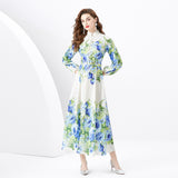 Flower series spring women's popular new high-end printing slim-fitting long  bubble sleeve temperament dress
