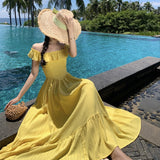 2025 Yellow small flying sleeves square neck suspender dress children's summer new  pure desire seaside vacation waist dress