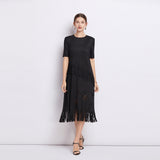 Miyake popular summer new women's dress short-sleeved fringed long dress fashionable and thin Popular pleated skirt