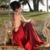 2025 temperament red heavy industry suspender dress women summer thin white seaside vacation beautiful big swing dress