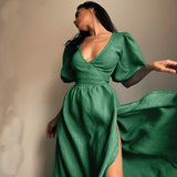 2025 summer new  long dress pure cotton commuting high waist  temperament A-shaped skirt women's split-ended dress summer