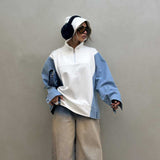 2025 sweet and spicy style denim splicing contrasting color hooded sweater autumn and winter loose retro semi-zipper long-sleeved pullover sweater