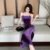 2025 High Sense Celebrity Annual Meeting Small Dress Women's Design Sense Niche Flower  Purple Velvet Suspender Dress Autumn