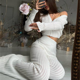 HULIANFU New autumn and winter  new knitted suit women's clothing perspective casual solid color hollow high-waisted trousers commuter suit