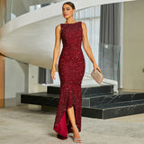 2025 high-end long-sleeved no-quality round neck sexy long sequined banquet evening dress bridesmaid dress women