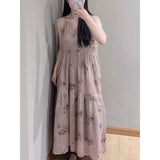 Cold wind cotton and linen suspender floral dress women's  summer new temperament thin medium and long dress women's doll skirt