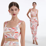 Real shot split design sense lines floral metal short sleeves temperament even elegant dress two-piece fashion