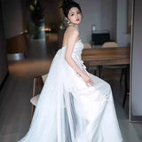 2025 satin light wedding dress bridal simple temperament tube top fishtail out yarn white bow dress small man