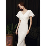 2025 High-end annual meeting evening dress, socialite banquet temperament, long sexy host, white fishtail  V-neck