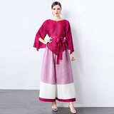 Miyake Fashion Contrasting Color Suit Women's  New Loose Irregular Top Skinny Wide Leg Pants Folded Two-piece Set