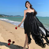 2025 Sanya seaside vacation dress sexy pure desire irregular skirt halter split neck black beach dress