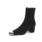 2025  Small short boots women's thick heel sweet cool wind commuter suede thin boots metal square head niche design elastic boots