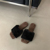 2025  Retro leopard print square head fluffy slippers women's outer wear popular autumn new temperament fluffy lazy one-word cotton drag