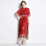 Popularan large-size women's clothing high-end printing heavy industry beaded pleated long dress pleated skirt temperament dress women