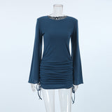 2025 Autumn sexy temperament fashion crew neck flared sleeve tight lace-up dress  knitted solid color skirt