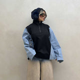 2025 sweet and spicy style denim splicing contrasting color hooded sweater autumn and winter loose retro semi-zipper long-sleeved pullover sweater