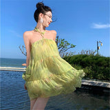 2025 temperament neck halter dress super fairy seaside vacation atmosphere beach skirt loose floral short skirt