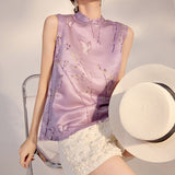 New Chinese style butterfly bamboo leaf print mulberry silk vest light luxury temperament top women's M4216