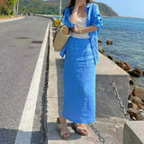 2025 Lazy wind linen blue suit women's spring simple intellectual sunscreen shirt skirt casual two-piece set